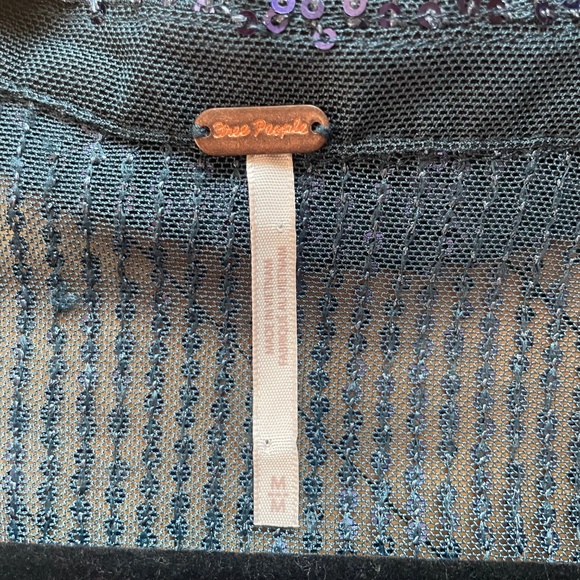 FREE PEOPLE Sequin Shirtee Varsity Navy Top Blouse Semi Sheer Boho Revolve - Picture 6 of 15